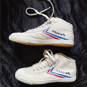 Feiyue Cream High-Tops with Red and Blue Stripes